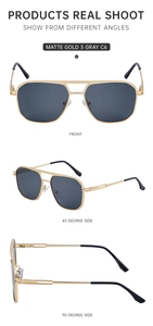 Three-angle view of men's matte gold aviator sunglasses with dark grey lenses and spring hinges
