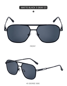 Front and side view of matte black square aviator sunglasses with spring hinges