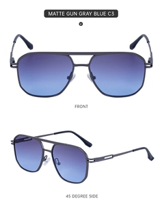 Detail view of matte gun gray pilot sunglasses with blue gradient lenses and double bridge