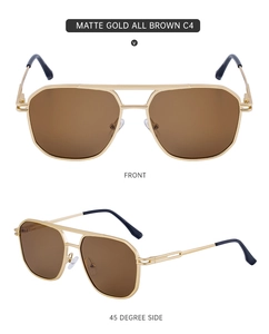 Front and 45-degree views of matte gold aviator sunglasses with brown lenses and double bridge