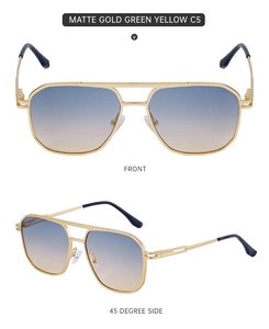 Close-up of matte gold double-bridge frame and blue gradient lenses for square sunglasses