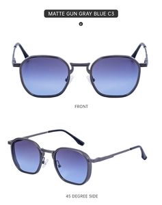 Détail de lunettes de soleil carrées en métal avec monture gris mat et verres dégradés