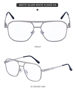 Detail of matte silver square frame sunglasses with double bridge and spring hinges