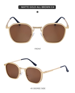 Vues de face et de profil de lunettes de soleil carrées dorées avec verres marron foncé