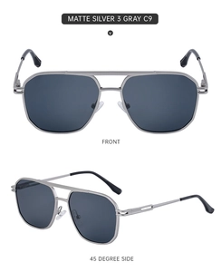 Front and 45-degree side views of matte silver aviator sunglasses with gray lenses