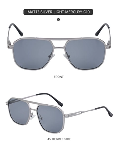 Matte silver square double-bridge sunglasses with spring hinges and grey lenses detail