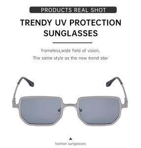 Detail of square frame sunglasses with metal spring hinges and UV protection lenses