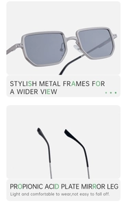 Detail of square metal sunglasses with spring hinges and comfortable acetate temple tips