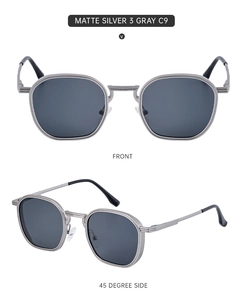 Détails des lunettes de soleil carrées en argent mat avec charnières à ressort et verres gris