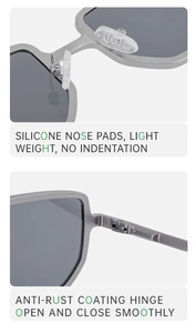 Detail of square sunglasses featuring silicone nose pads and anti-rust metal hinges