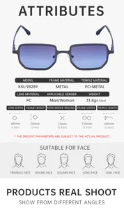 Detailed size specification chart for square metal frame sunglasses with 48mm lens width