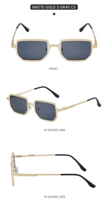 Detailed views of matte gold square sunglasses with gray lenses and metal spring hinges