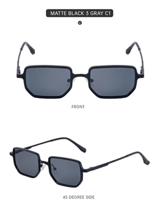 Detailed front and side views of matte black square metal frame sunglasses with gray lenses