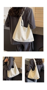 Detail views of white large capacity tote bag with soft leather texture and wide straps