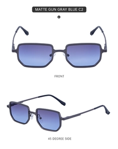 Matte gun gray square sunglasses featuring metal spring hinges and blue gradient lenses