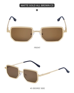Front and 45-degree side views of square matte gold metal sunglasses with brown lenses