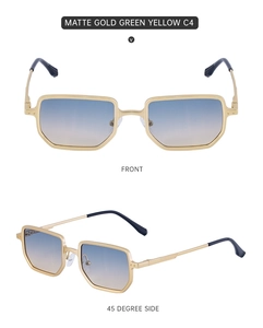 Front and side view of square matte gold sunglasses with blue yellow gradient lenses