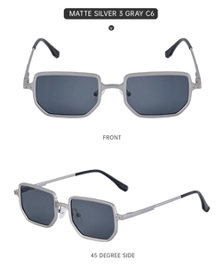 Front and side view of matte silver square sunglasses with gray lenses and metal frame