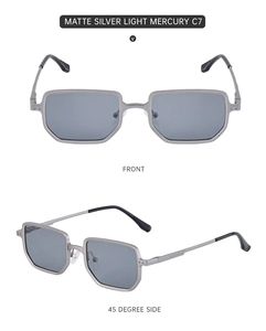 Front and 45-degree angle views of matte silver square metal sunglasses with mercury lenses