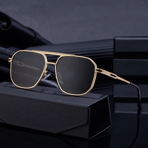 Men's square aviator sunglasses with gold double bridge frame and dark gray lenses