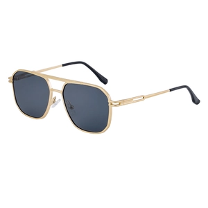 Modern square gold metal sunglasses for men with double bridge design and black lenses
