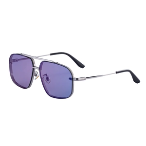 Moderne randlose Rechteck-Aviator-Sonnenbrille mit lila Gläsern und silbernem Metallrahmen