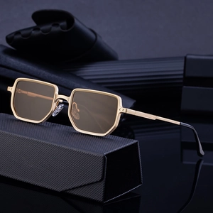 Vintage square gold metal sunglasses with brown lenses and black textured protective case