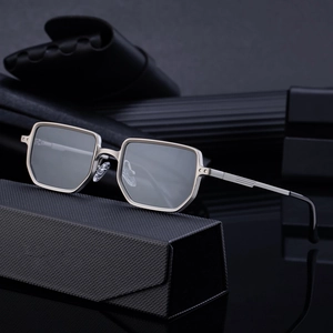 Men's geometric square metal sunglasses with spring hinges and light gray lenses