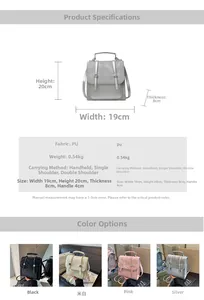 Detailed size chart and specifications for multi-way PU leather backpack in four colors