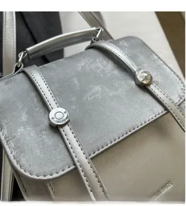 Detail of silver metallic textured crossbody bag with decorative buckles and embossed logo