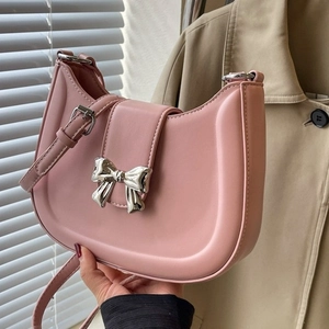 Damen PU Leder Achseltasche Französisch Süß Elegant Halbmond Schultertasche Mit Metall Schleife Einfarbig Mode
