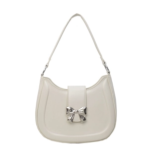 Französische cremeweiße Halbmond-Schultertasche mit eleganter silberner Schleifenschnalle