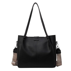 Retro black large tote bag with lychee texture and ethnic style woven wide shoulder strap