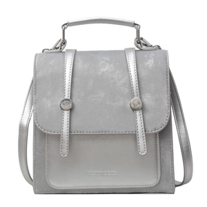 Light gray patchwork leather handbag with Fashion & Bags logo and circular metal buckle
