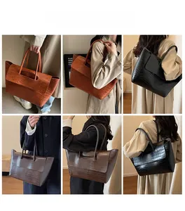 Detail shots of large faux crocodile pattern tote bags in brown, coffee, and black tones