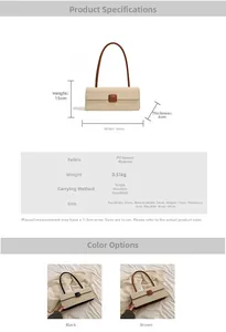 Detailed size specifications and color options for the French baguette shoulder bag