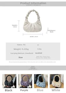 Detailed size chart for ruched clouds puff bag with measurements and color variants