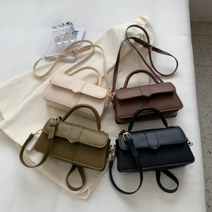 Minimalist rectangular crossbody bags shown in beige, brown, green and black colors