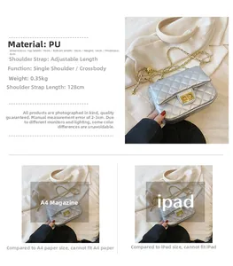 Detailed dimensions of silver quilted crossbody bag with golden chain strap and lock
