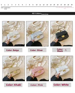 Collage of quilted leather crossbody bags in six colors with metal turn-lock and chain