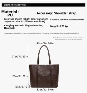 Size chart for brown crocodile pattern tote bag showing detailed dimensions and specs