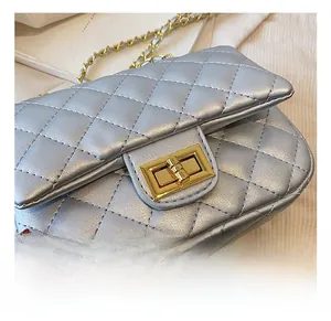 Detailed close-up of the vintage gold metal twist-lock on a silver quilted chain bag