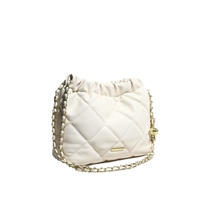 Creamy white quilted crossbody bucket bag with gold chain strap and elegant stitching