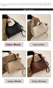 Detail view of four minimalist tote bags in black, white, khaki, and brown faux leather