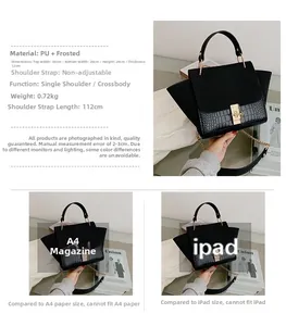 Detail of black matte and croc-embossed trapezoid bag showing size 20cm and 0.72kg weight