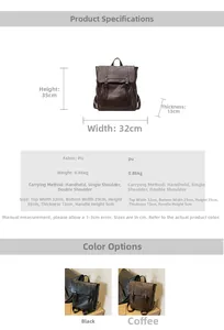 Detaillierte Größentabelle und Materialübersicht für den großen Vintage PU-Leder Rucksack