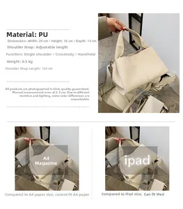 Size comparison of cream PU leather tote bag showing dimensions and capacity for iPad