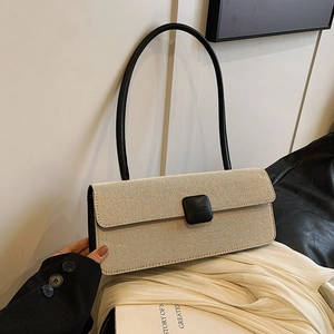 Women French Retro Baguette Underarm Bag PU Leather Canvas Minimalism Contrast Color Rectangle Flap Shoulder Bag