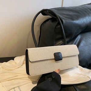 French retro baguette underarm bag in beige woven canvas with black leather strap