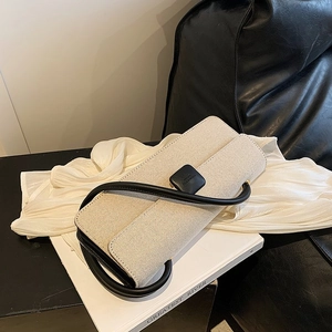 French retro baguette shoulder bag for women with tweed texture and black leather strap